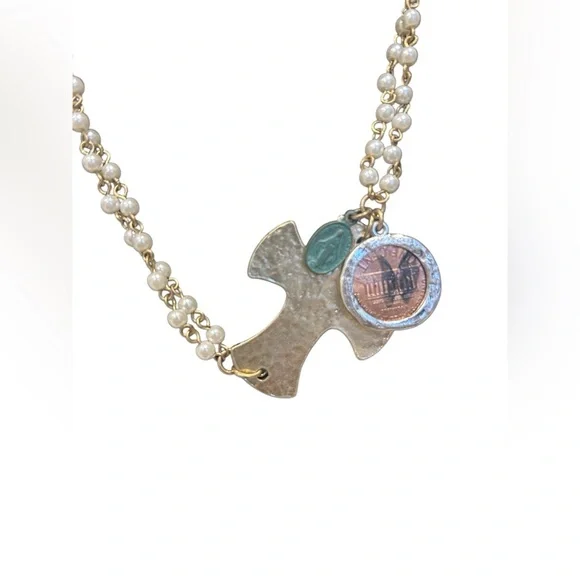 Vintage gold chain with pearls and silver cross and penny with large clasp - Picture 2 of 4